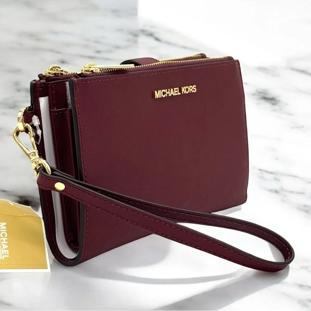 Michael Kors Large Jet Set Travel Double Zip Wallet Dark Cherry